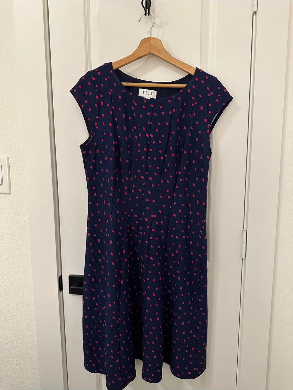 Elle Navy Midi Dress with Pink Dot Pattern